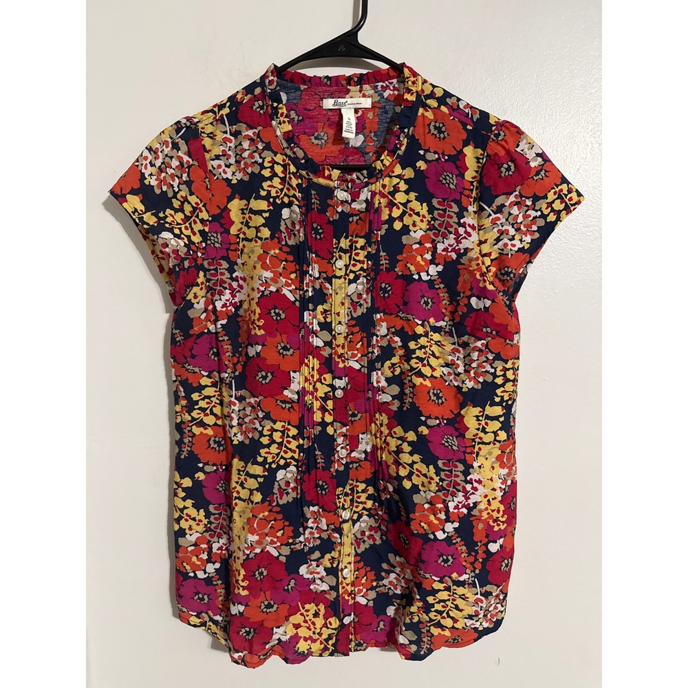 Bass GH Bass & Co Women Floral Pintuck Ruffle Neck Short Sleeve Blouse